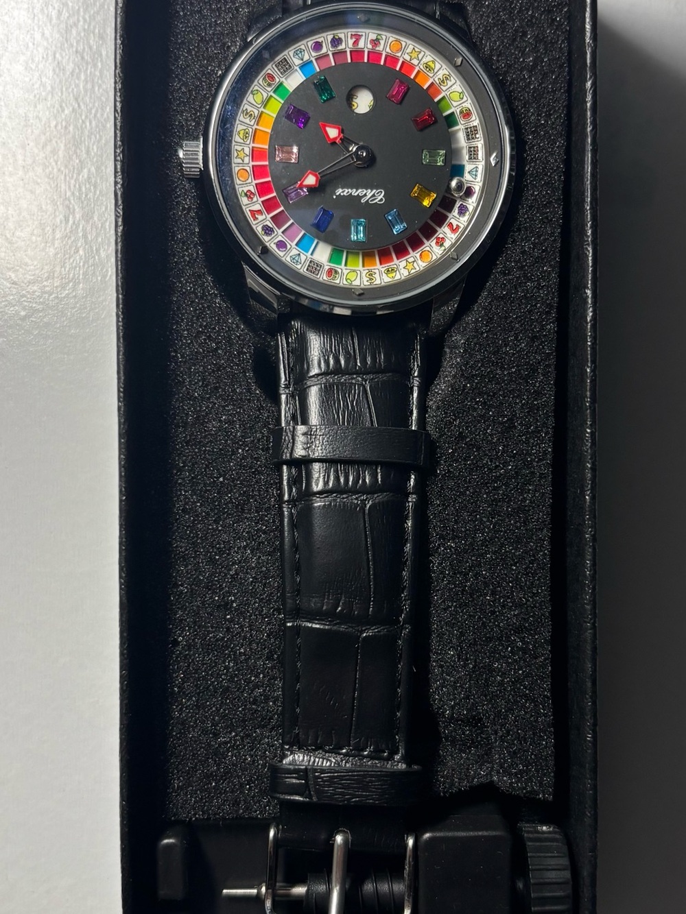 Zenith Black Casino Leather Watch with Multicolored Gem Dial
